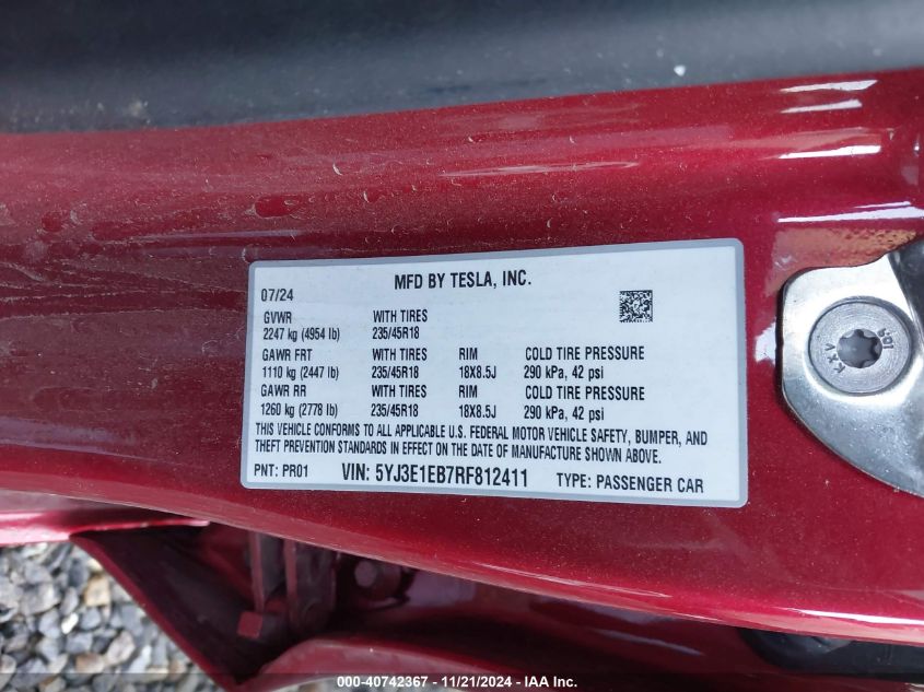 VIN 5YJ3E1EB7RF812411 2024 Tesla Model 3, Long Rang... no.9