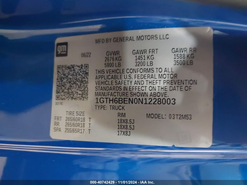 2022 GMC Canyon 4Wd Elevation Standard VIN: 1GTH6BEN0N1228003 Lot: 40742429