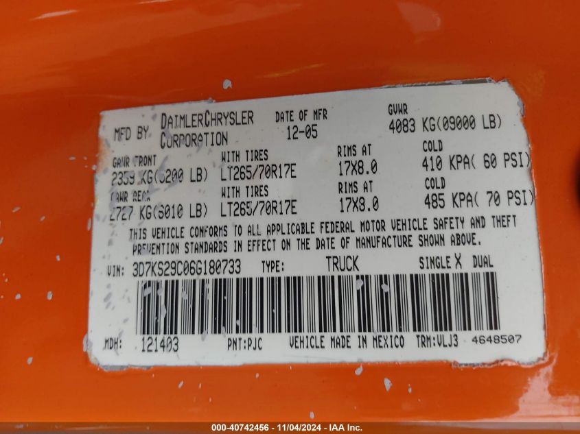 2006 Dodge Ram 2500 Laramie VIN: 3D7KS29C06G180733 Lot: 40742456