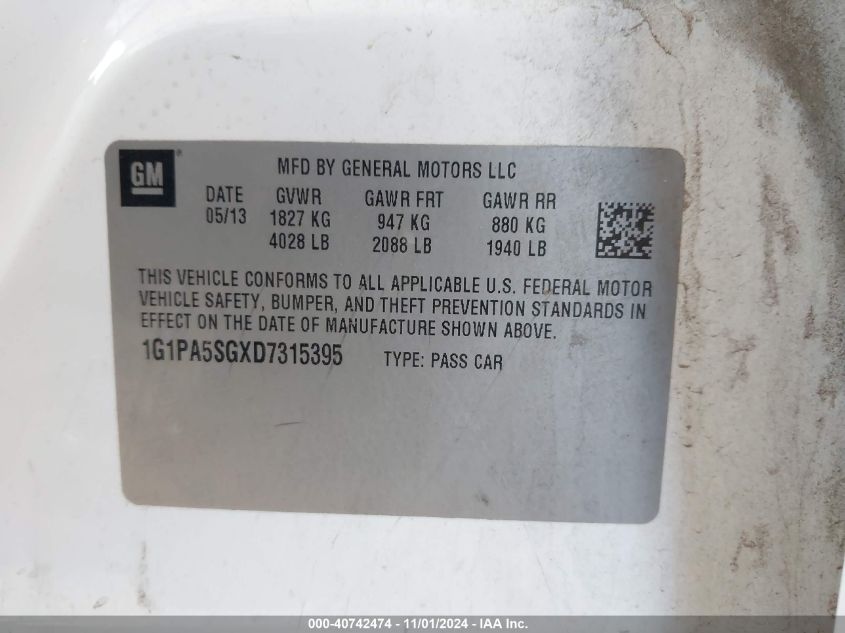 2013 CHEVROLET CRUZE VIN: 1G1PA5SGXD7315395