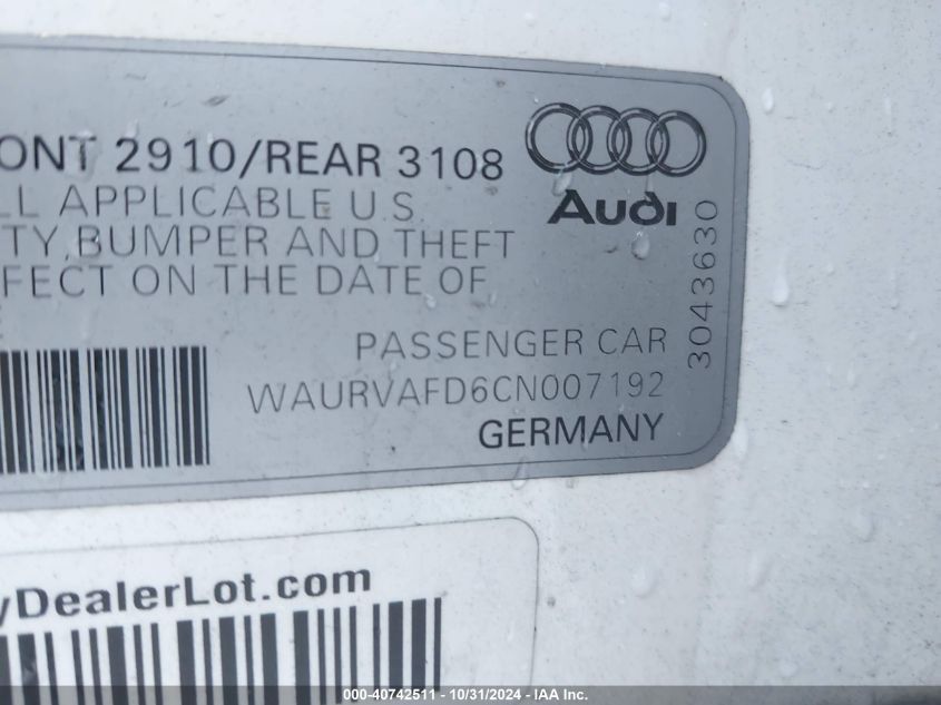 2012 Audi A8 L 4.2 VIN: WAURVAFD6CN007192 Lot: 40742511