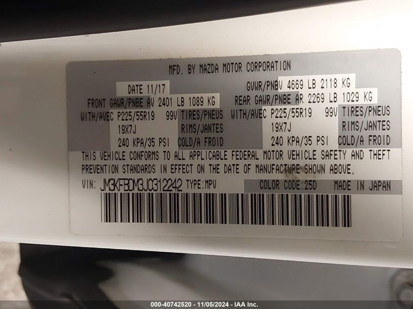 2018 Mazda Cx-5 Grand Touring VIN: JM3KFBDM3J0312242 Lot: 40742520