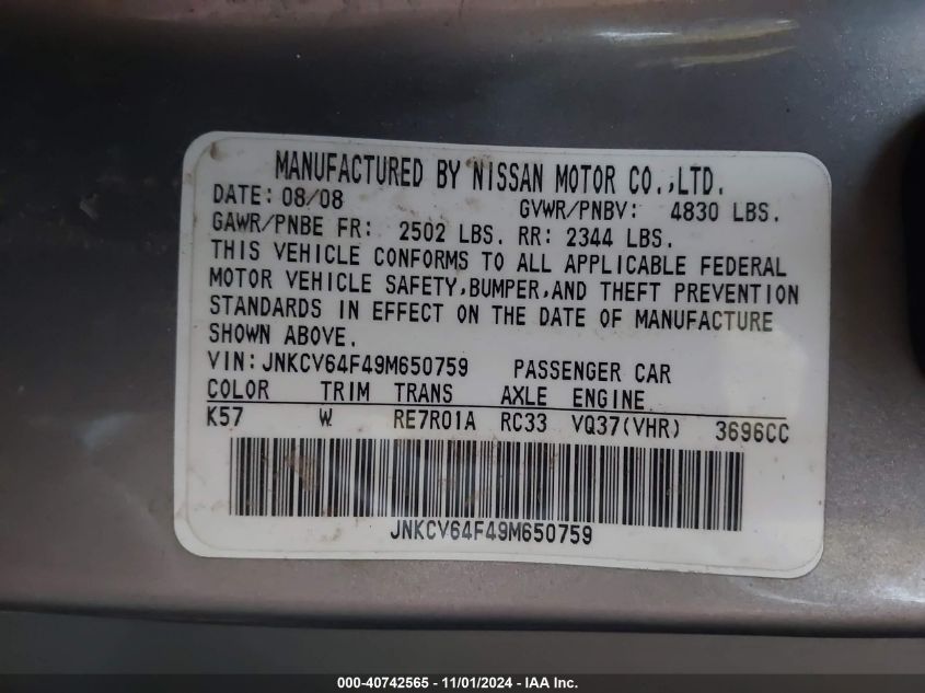 2009 Infiniti G37X VIN: JNKCV64F49M650759 Lot: 40742565