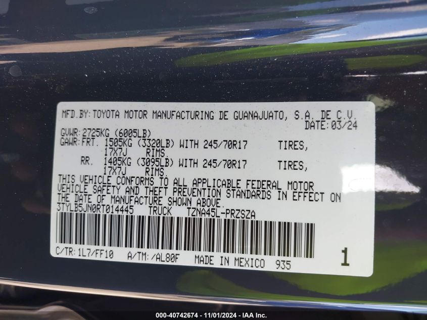 2024 Toyota Tacoma Sr5 VIN: 3TYLB5JN0RT014445 Lot: 40742674