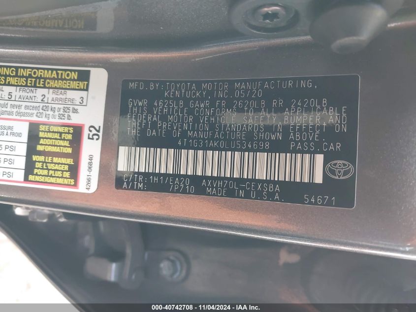 VIN 4T1G31AK0LU534698 2020 TOYOTA CAMRY SE HYBRID