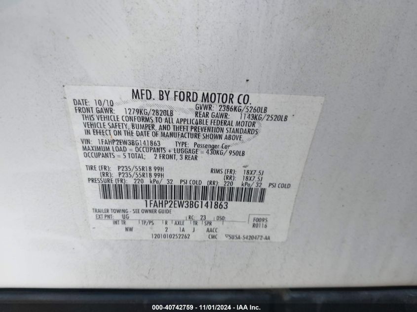 2011 Ford Taurus Sel VIN: 1FAHP2EW3BG141863 Lot: 40742759