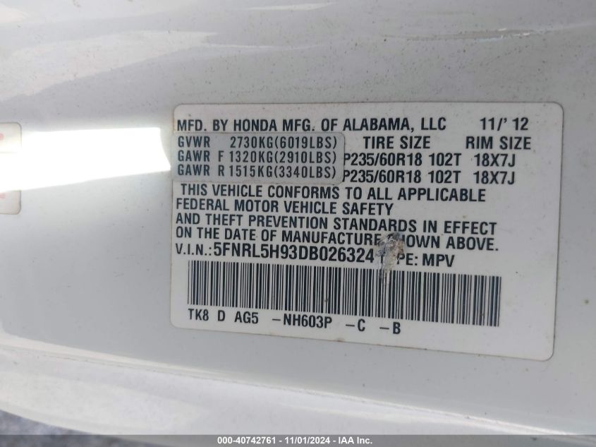 2013 Honda Odyssey Touring/Touring Elite VIN: 5FNRL5H93DB026324 Lot: 40742761