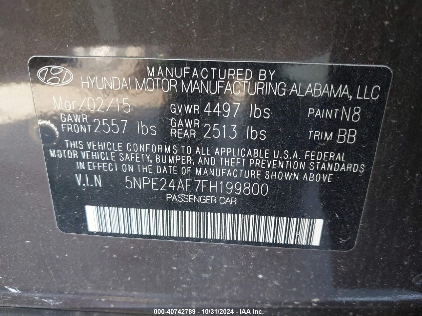 2015 Hyundai Sonata Se VIN: 5NPE24AF7FH199800 Lot: 40742789