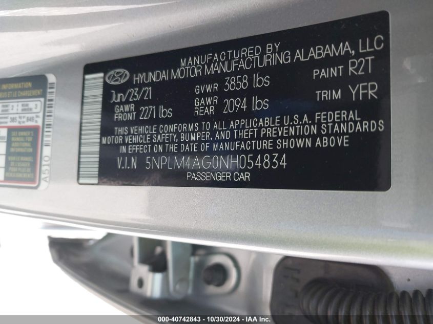 2022 Hyundai Elantra Sel VIN: 5NPLM4AG0NH054834 Lot: 40742843