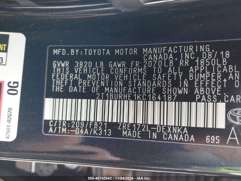VIN 2T1BURHE1KC164187 2019 TOYOTA COROLLA LE
