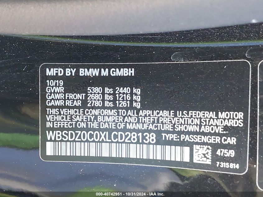 2020 BMW M8 VIN: WBSDZ0C0XLCD28138 Lot: 40742951