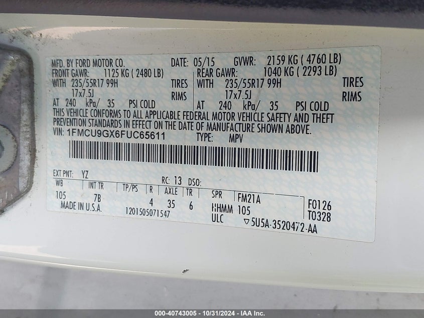 2015 Ford Escape Se VIN: 1FMCU9GX6FUC65611 Lot: 40743005