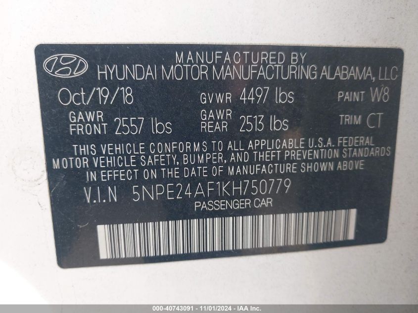 2019 Hyundai Sonata Se VIN: 5NPE24AF1KH750779 Lot: 40743091