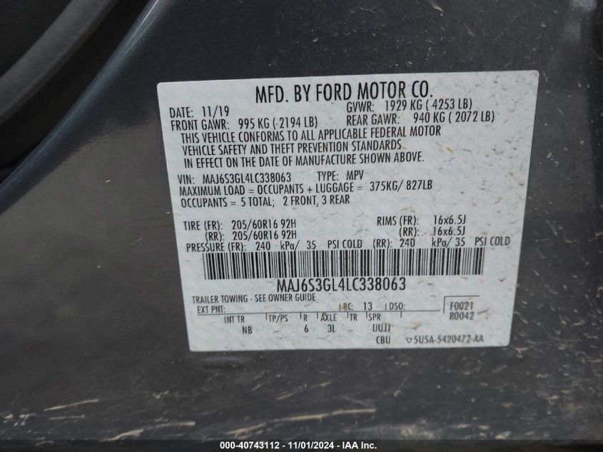 2020 Ford Ecosport Se VIN: MAJ6S3GL4LC338063 Lot: 40743112