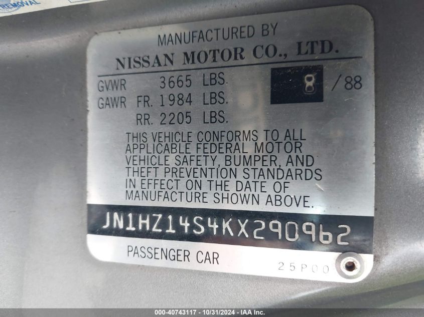 1989 Nissan 300Zx VIN: JN1HZ14S4KX290962 Lot: 40743117