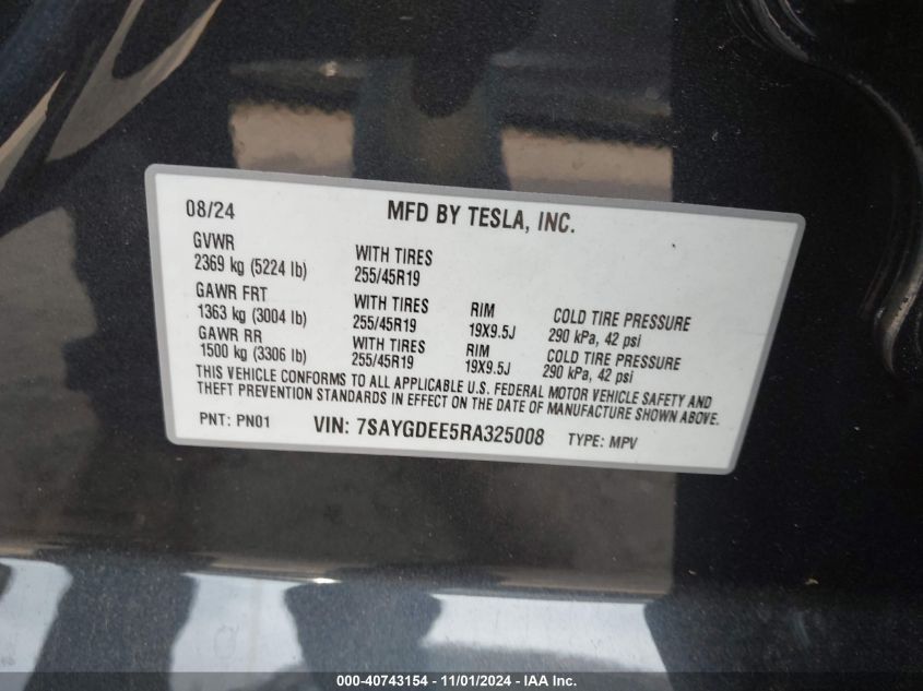 2024 Tesla Model Y Long Range Dual Motor All-Wheel Drive VIN: 7SAYGDEE5RA325008 Lot: 40743154