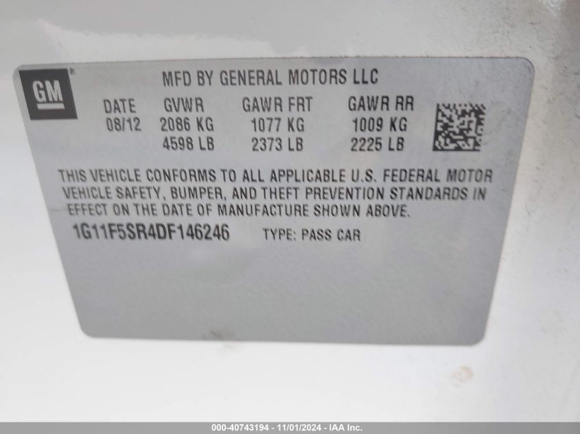 2013 Chevrolet Malibu Eco Premium Audio VIN: 1G11F5SR4DF146246 Lot: 40743194