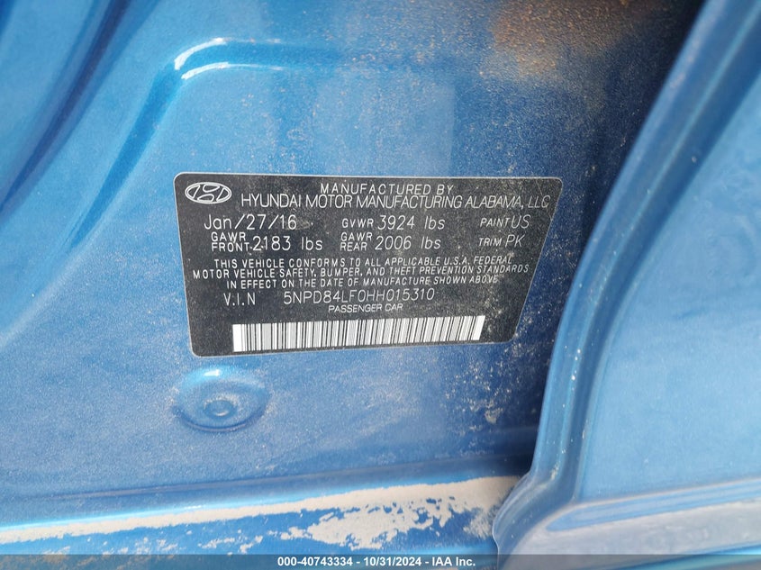 VIN 5NPD84LF0HH015310 2017 HYUNDAI ELANTRA SE