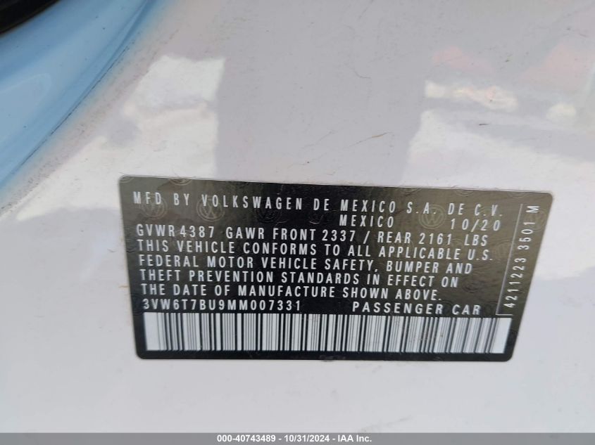 VIN 3VW6T7BU9MM007331 2021 Volkswagen Jetta, GLI 2.... no.9