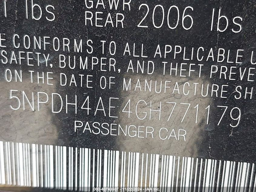 2016 HYUNDAI ELANTRA VIN: 5NPDH4AE4GH771179