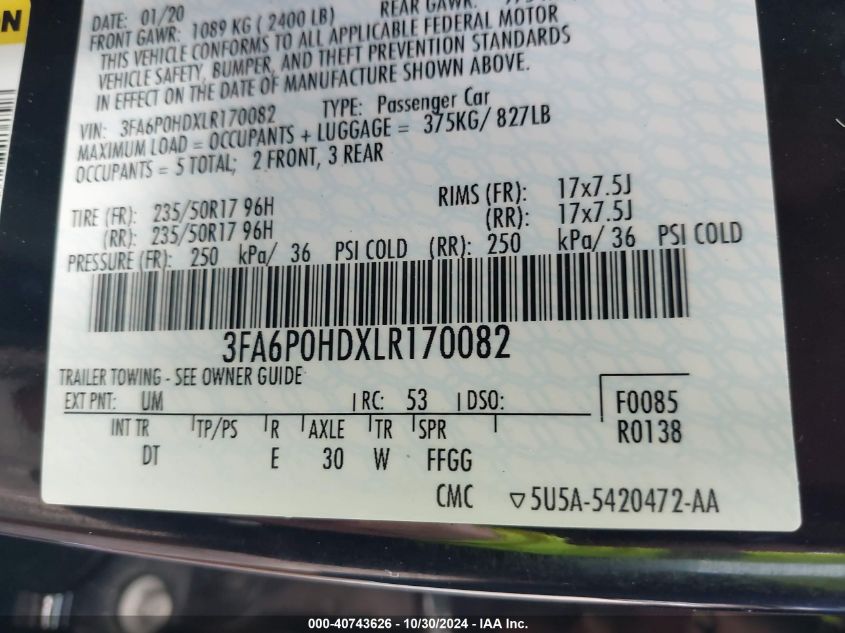 2020 FORD FUSION VIN: 3FA6P0HDXLR170082