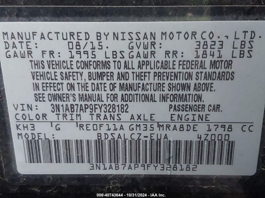 2015 Nissan Sentra S VIN: 3N1AB7AP9FY328182 Lot: 40743644