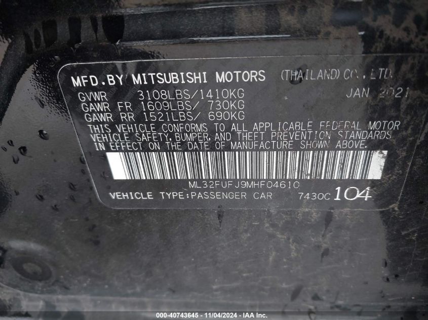 2021 Mitsubishi Mirage G4 Carbonite Edition/Es/Le VIN: ML32FUFJ9MHF04610 Lot: 40743645