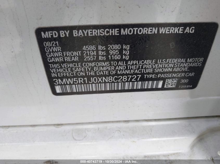 2022 BMW 330I VIN: 3MW5R1J0XN8C28727 Lot: 40743719