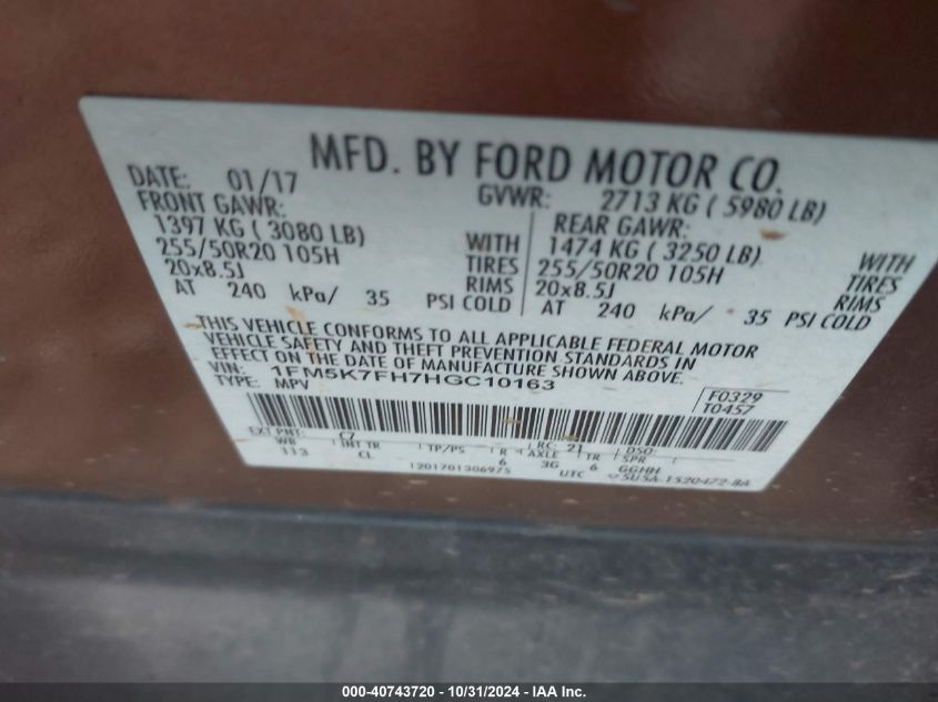 VIN 1FM5K7FH7HGC10163 2017 FORD EXPLORER LIMITED