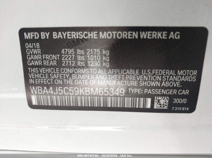 VIN WBA4J5C59KBM65349 2019 BMW 440i Gran Coupe no.9