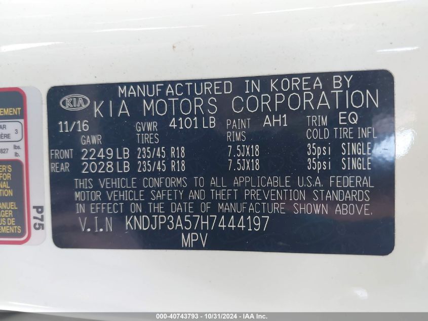 2017 Kia Soul + VIN: KNDJP3A57H7444197 Lot: 40743793