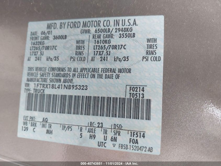 2001 Ford F-150 Lariat/Xl/Xlt VIN: 1FTRX18L41NB95323 Lot: 40743851