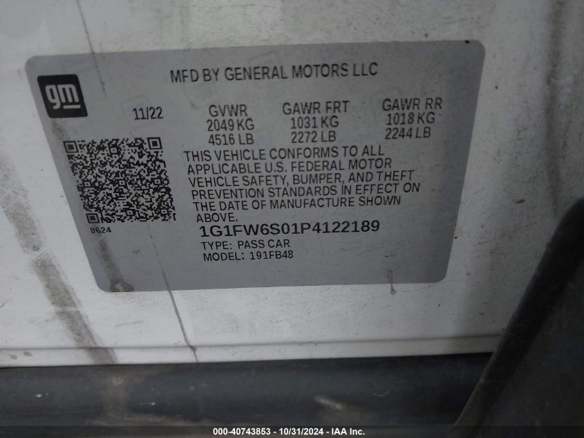 2023 Chevrolet Bolt Ev Fwd 1Lt VIN: 1G1FW6S01P4122189 Lot: 40743853