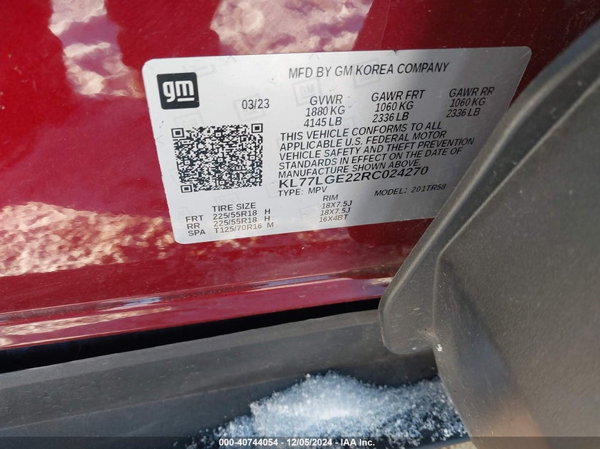 2024 Chevrolet Trax Fwd 1Rs VIN: KL77LGE22RC024270 Lot: 40744054