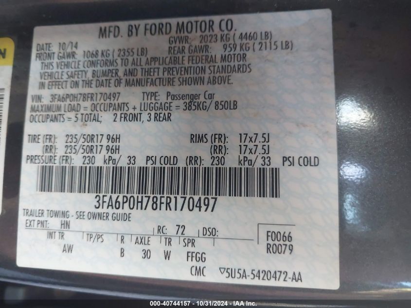 2015 Ford Fusion Se VIN: 3FA6P0H78FR170497 Lot: 40744157