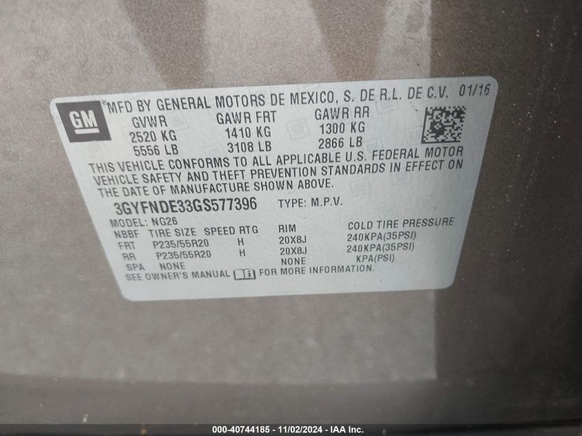 VIN 3GYFNDE33GS577396 2016 Cadillac SRX, Premium Co... no.9