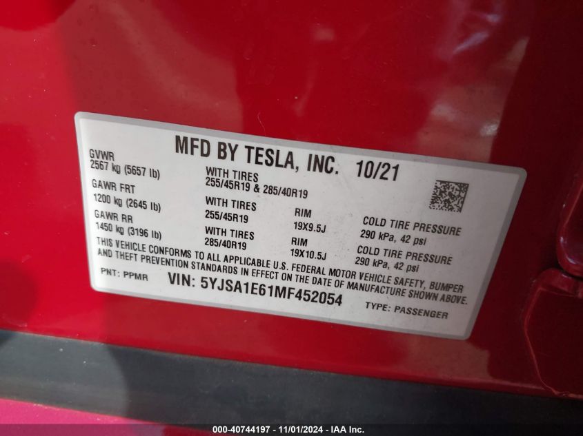 2021 Tesla Model S Plaid Tri Motor All-Wheel Drive VIN: 5YJSA1E61MF452054 Lot: 40744197