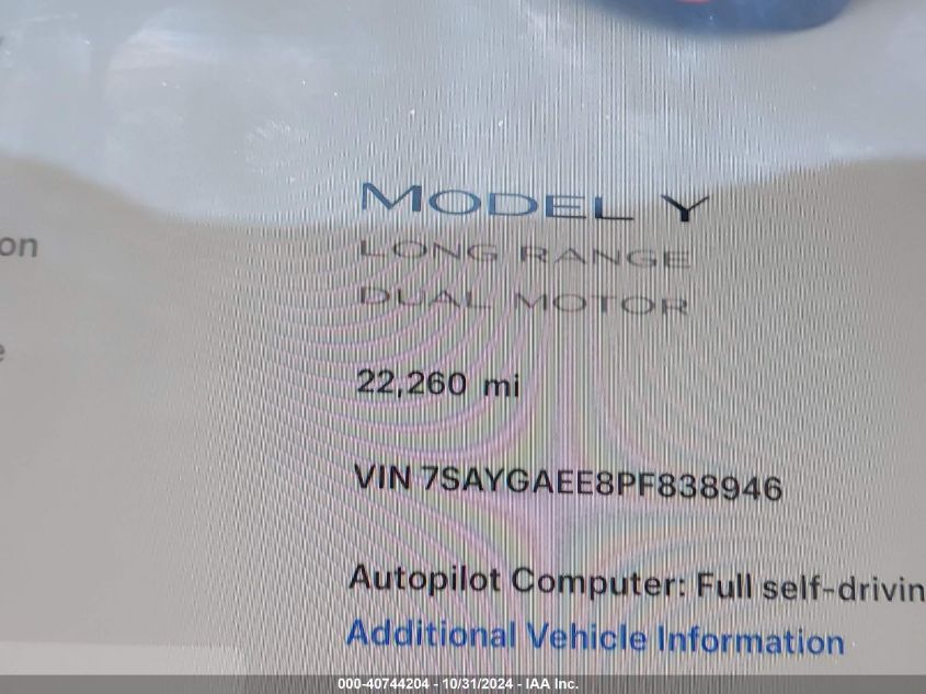 2023 Tesla Model Y Awd/Long Range Dual Motor All-Wheel Drive VIN: 7SAYGAEE8PF838946 Lot: 40744204