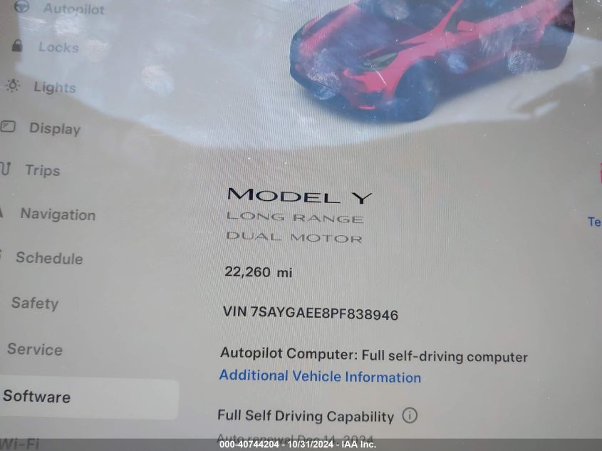 2023 Tesla Model Y Awd/Long Range Dual Motor All-Wheel Drive VIN: 7SAYGAEE8PF838946 Lot: 40744204