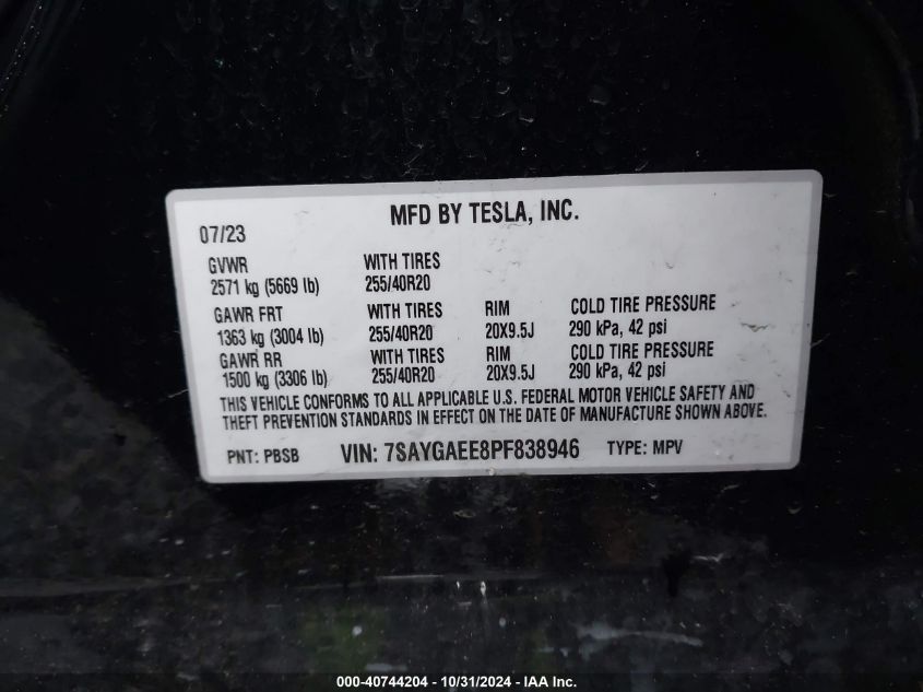 2023 Tesla Model Y Awd/Long Range Dual Motor All-Wheel Drive VIN: 7SAYGAEE8PF838946 Lot: 40744204