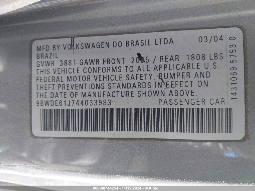 2004 Volkswagen Gti VIN: 0009BWDE61J744033 Lot: 40744254