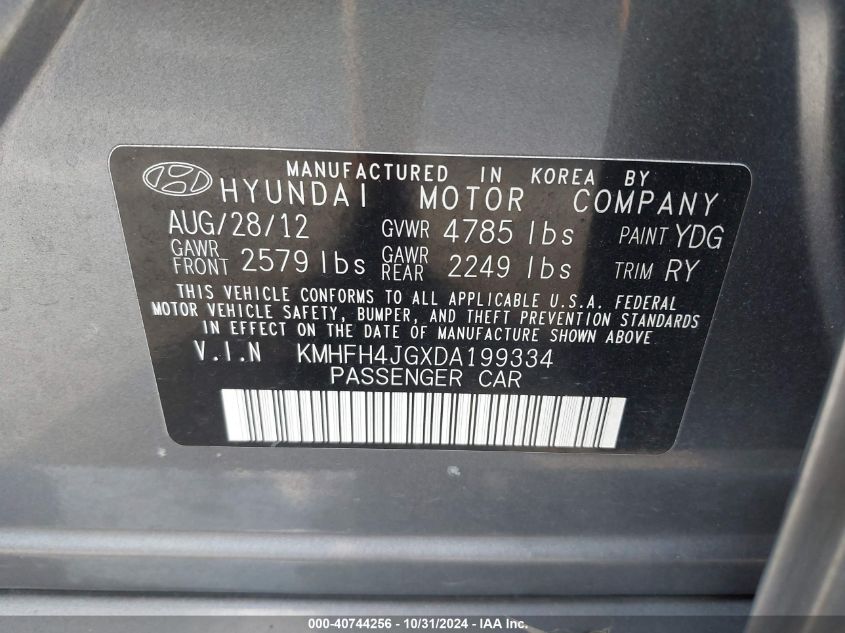 2013 Hyundai Azera VIN: KMHFH4JGXDA199334 Lot: 40744256