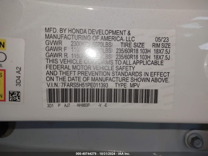 2023 Honda Cr-V Hybrid Sport VIN: 7FARS5H51PE011393 Lot: 40744278