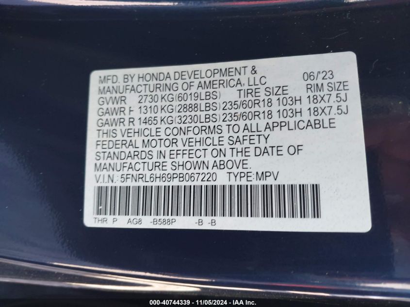 2023 Honda Odyssey Ex-L VIN: 5FNRL6H69PB067220 Lot: 40744339