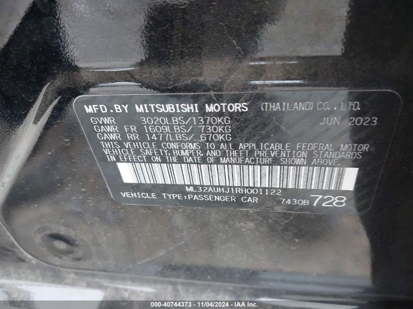 2024 Mitsubishi Mirage Le VIN: ML32AUHJ1RH001122 Lot: 40744373