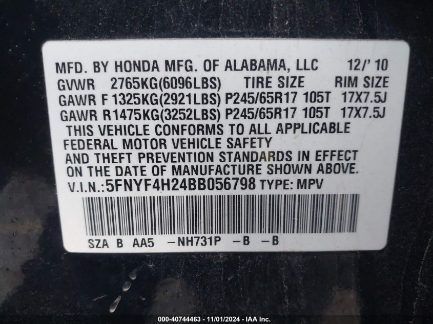 2011 Honda Pilot Lx VIN: 5FNYF4H24BB056798 Lot: 40744463