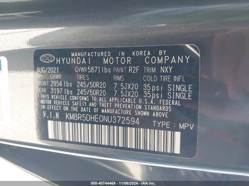 2022 Hyundai Palisade Limited VIN: KM8R5DHE0NU372594 Lot: 40744469