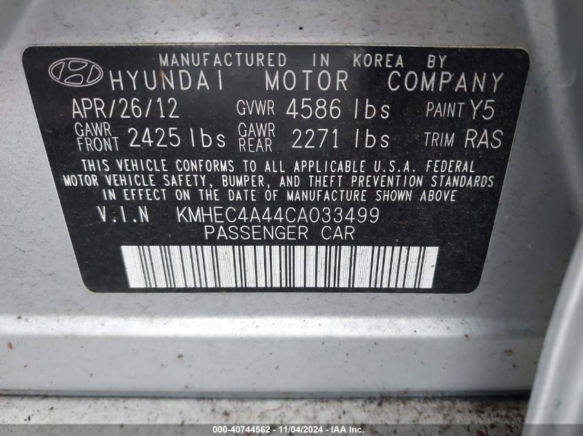 2012 Hyundai Sonata Hybrid VIN: KMHEC4A44CA033499 Lot: 40744562