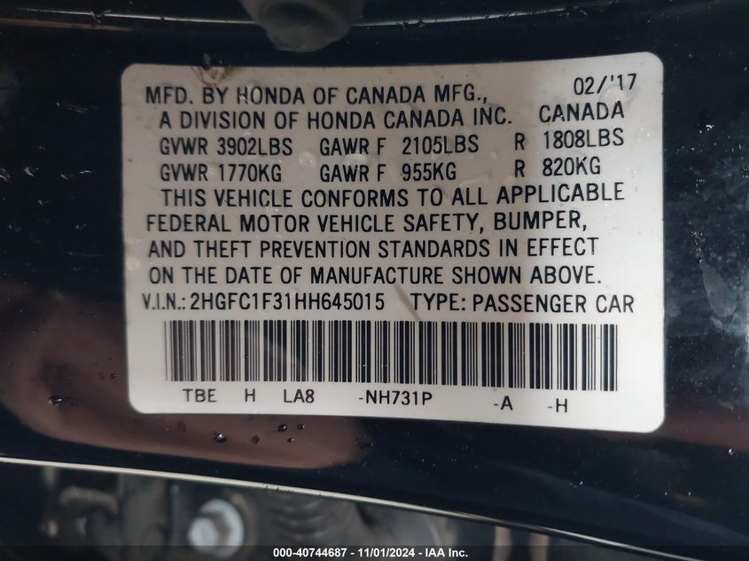 VIN 2HGFC1F31HH645015 2017 HONDA CIVIC EX-T