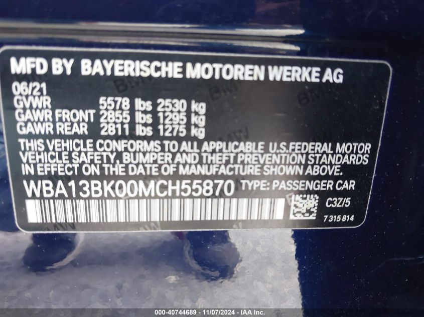 2021 BMW M550I xDrive VIN: WBA13BK00MCH55870 Lot: 40744689